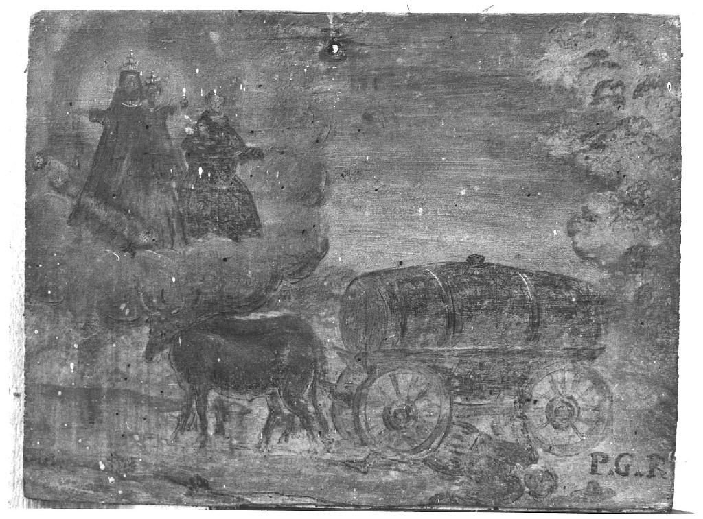 Madonna del Carmine con S. Antonio da Padova appare a un uomo travolto daun carro (ex voto dipinto) - ambito parmense (sec. XVIII)