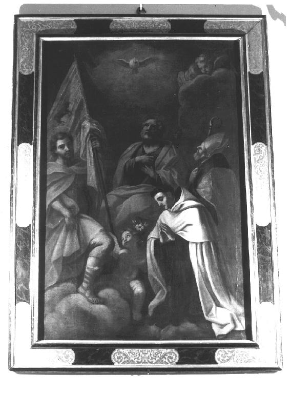 Spirito Santo appare ai Santi Giuseppe, Alberto, Bovo e a un vescovo (dipinto) di Bolla Giovanni (attribuito) (sec. XVIII)