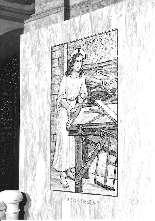 Cristo operaio; Gesù protettore dei lavoratori della mente e del braccio;Sacra Famiglia al lavoro; due angeli musici; Dio benedicente con lo Spirito Santo (decorazione musiva, complesso decorativo) di Moroni Giuseppe (sec. XX)