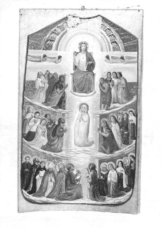 Cristo Re con Madonna e Santi (dipinto) di Moroni Giuseppe (sec. XX)