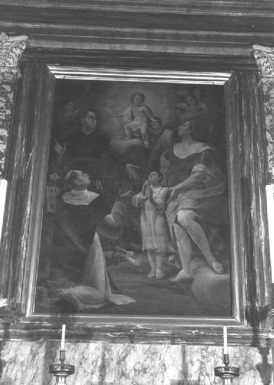 Sant'Antonio da Padova, San Domenico e l'Angelo Custode in adorazione delBambino (pala d'altare) - ambito parmense (prima metà sec. XVIII)