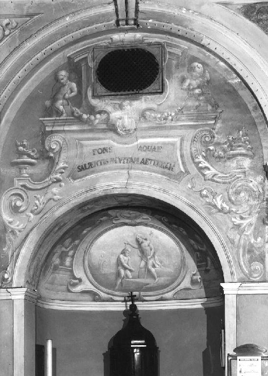 finta architettura con angioletti; Battesimo di Cristo (dipinto, complesso decorativo) di Magnani Girolamo (sec. XIX)