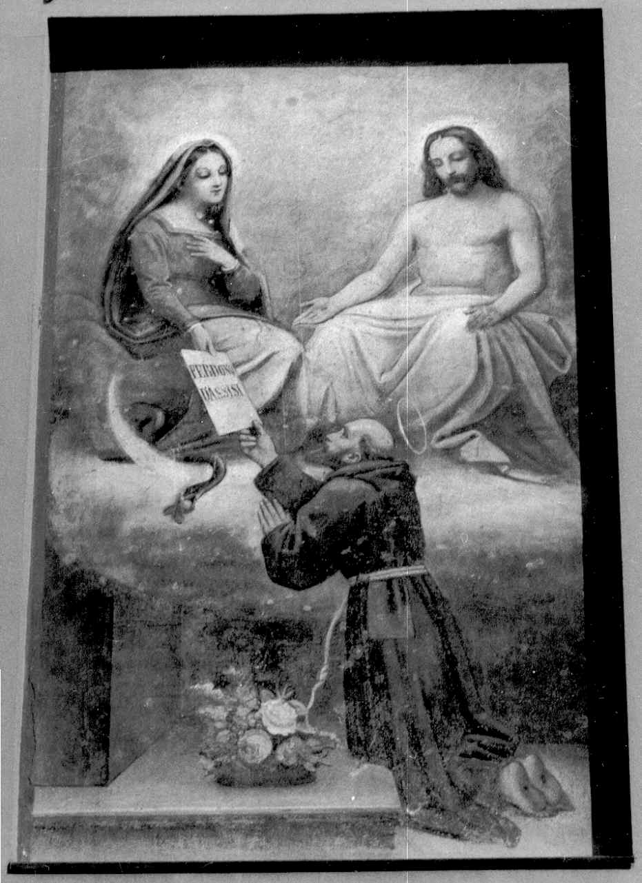 PERDONO DI ASSISI, APPARIZIONE DELLA MADONNA E DI GESU' A SAN FRANCESCO (dipinto) di Brilla Antonio (attribuito) (fine sec. XIX)