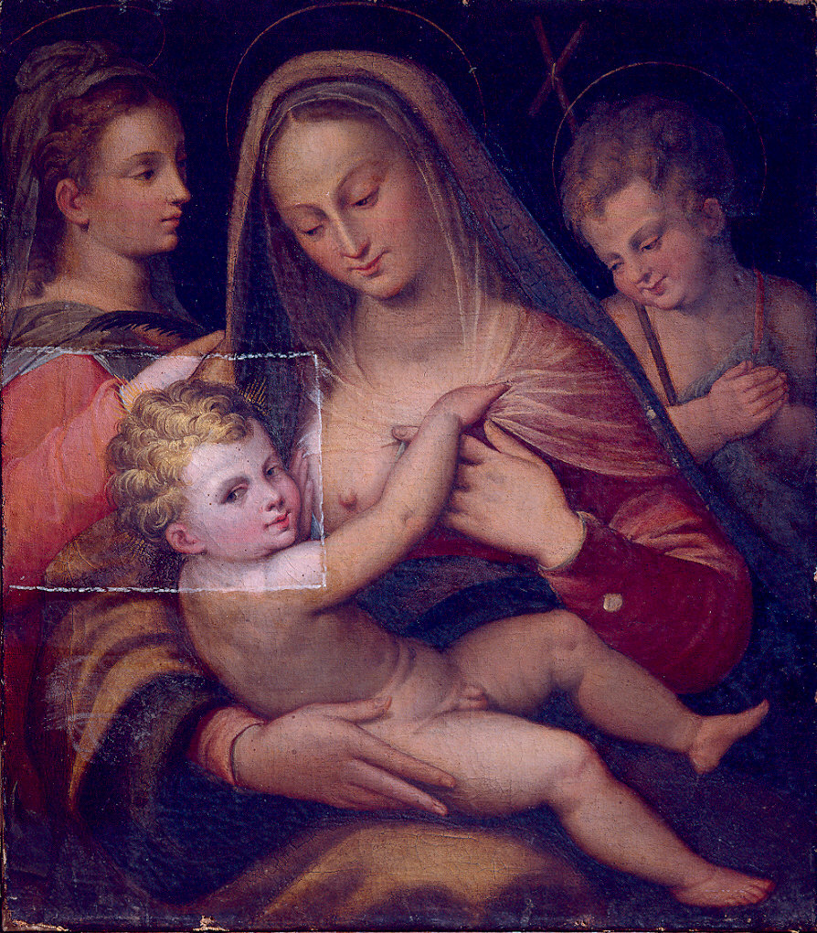 Madonna che allatta il Bambino, una santa martire e san Giovannino (dipinto) - ambito bolognese (sec. XVI)