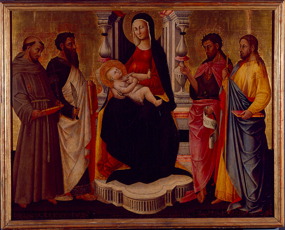 Madonna col Bambino in trono fra i santi Francesco, Bartolomeo, Giovanni Battista e Giacomo (dipinto) di Neri di Bicci (sec. XV)