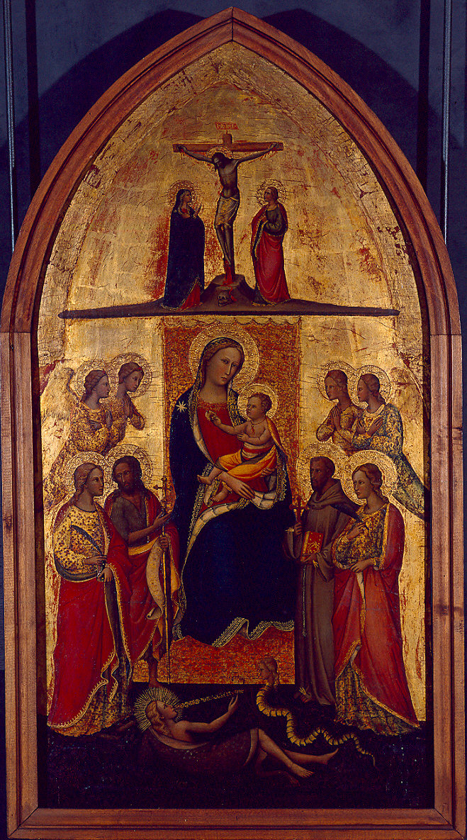 Madonna col Bambino in trono fra quattro angeli e i santi Caterina d'Alessandria, Giovanni Battista, Francesco d'Assisi, una santa martire, ed Eva con il serpente/ Cristo crocifisso fra la Madonna e san Giovanni dolenti (dipinto) di Giuliano di Simone da Lucca (sec. XIV)