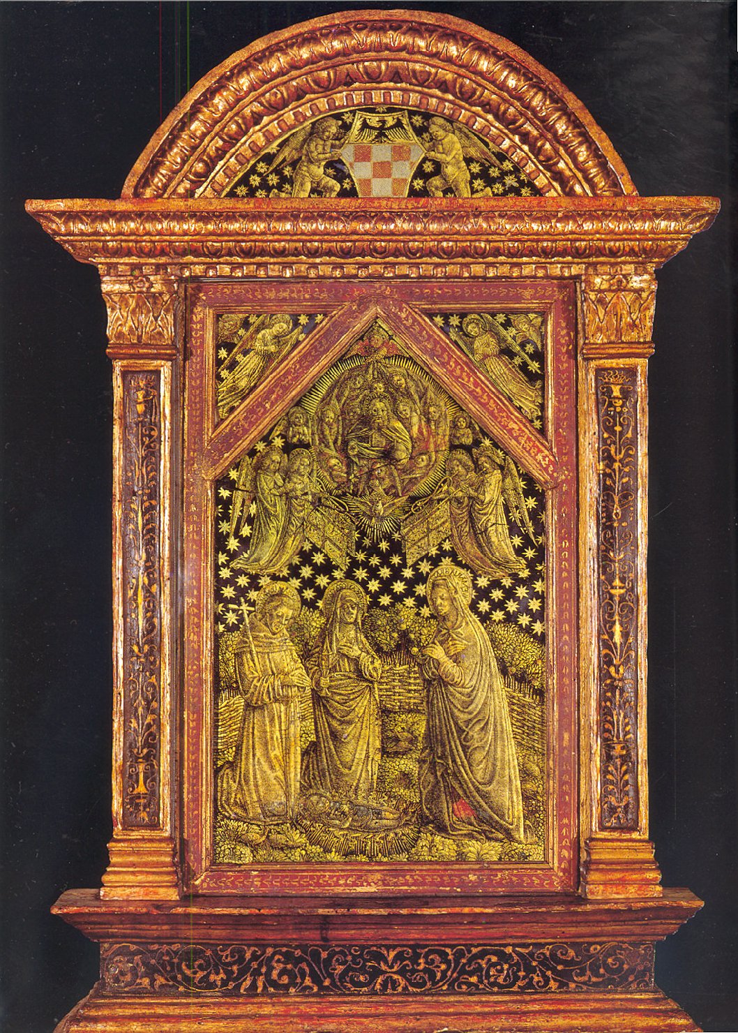 Madonna adorante il Bambino con i santi Francesco e Chiara al cospetto dell'Eterno e angeli/ Stemma della famiglia Pallavicino retto da due angeli (dipinto) - ambito lombardo (sec. XV)