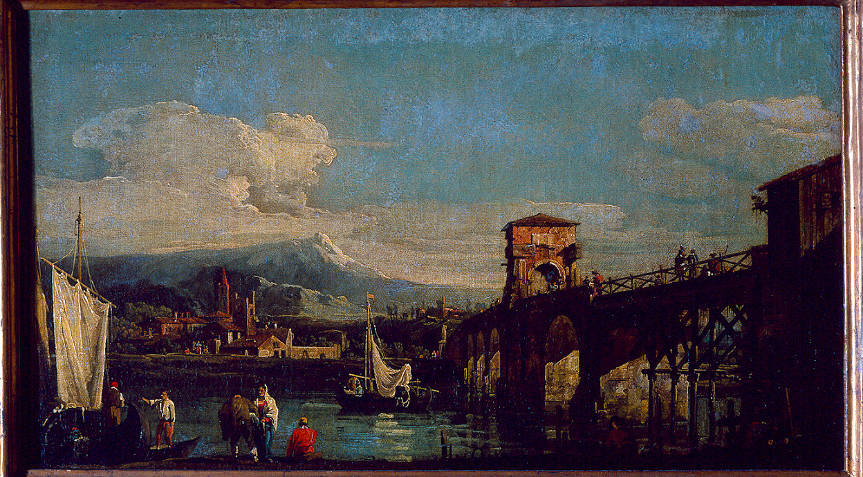 Capriccio con fiume e ponte (dipinto) di Bellotto Bernardo (sec. XVIII)