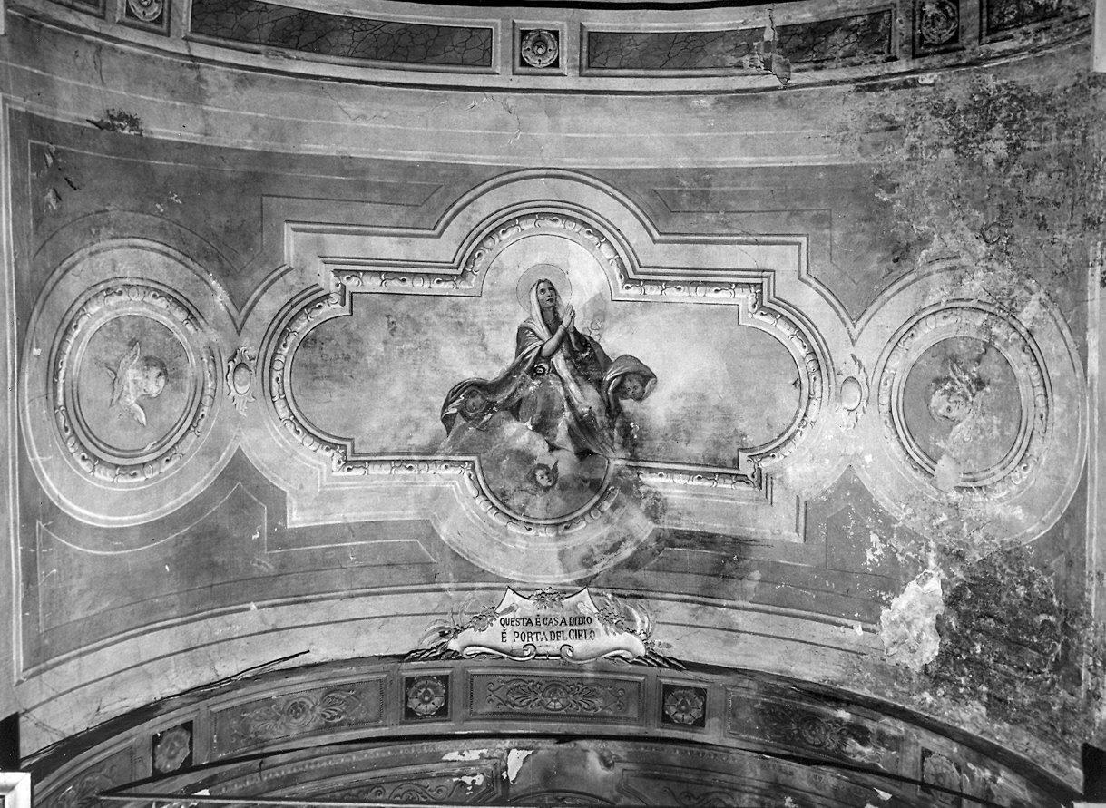 Madonna Assunta, Madonna con Bambino, Cristo Buon Pastore, San Savino e Sant'Antonio Abate entro aperture mistilinei e cherubi (decorazione pittorica) - ambito piacentino (sec. XX)