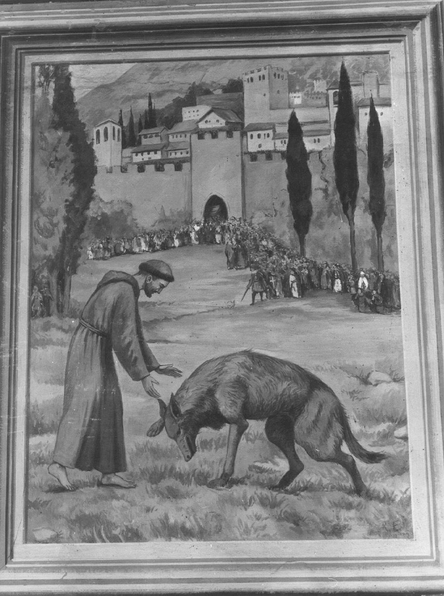 San Francesco d'Assisi e il lupo di Gubbio (dipinto) di Faggi Remo (sec. XX)