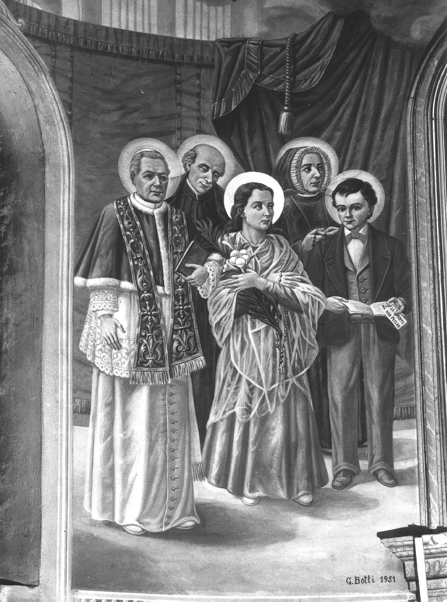 San Pio X, Santa Maria Goretti, San Domenico Savio, Santa Francesca Saveria Cabrini, San Giuseppe Cafasso (dipinto) di Botti Giovanni (sec. XX)