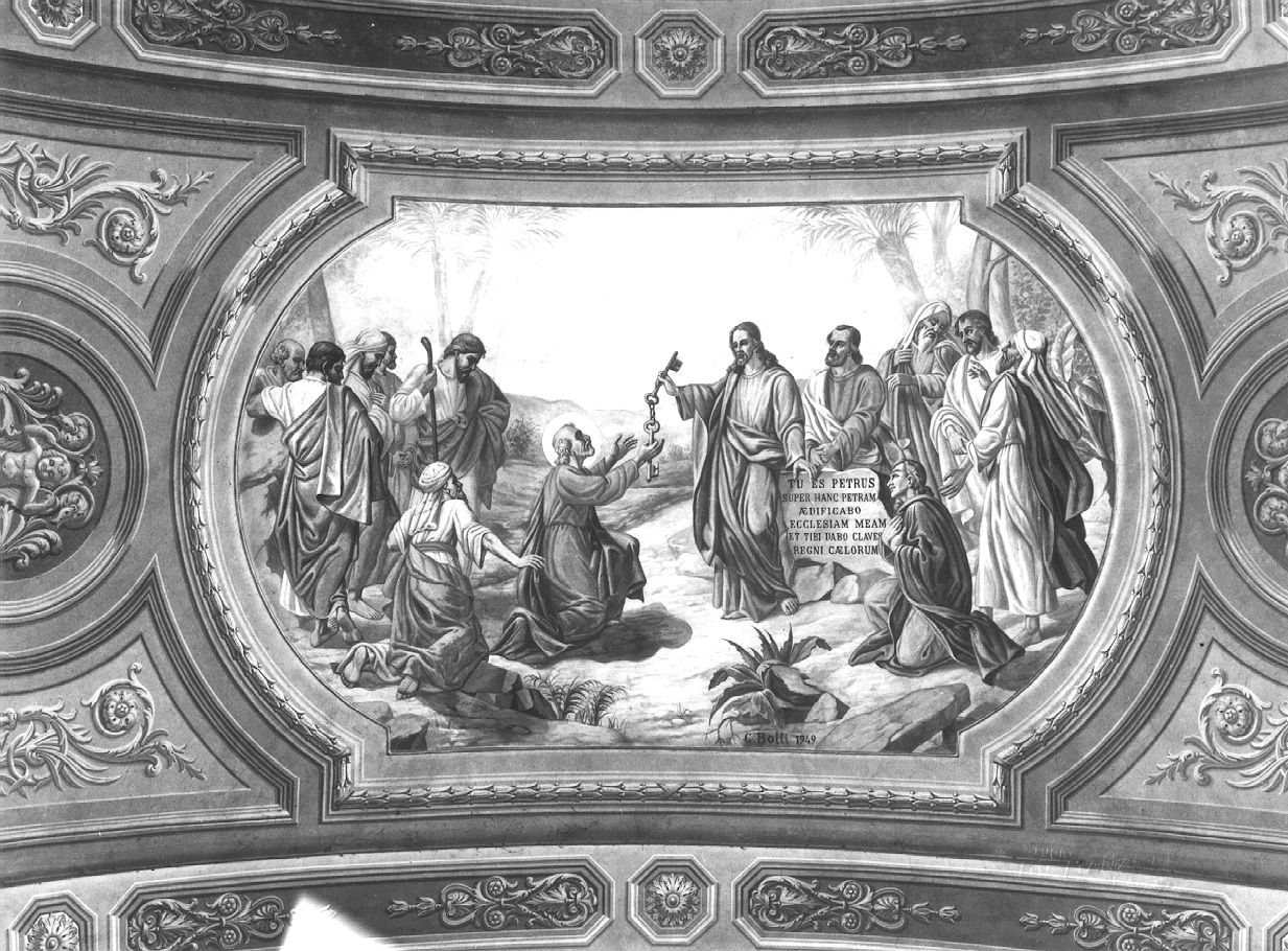 quadratura architettonica; Cristo consegna le chiavi a San Pietro; Adorazione dell'Eucarestia (dipinto) di Botti Giovanni (sec. XX)