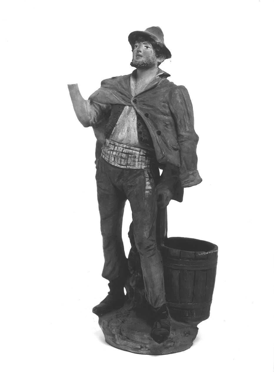 Contadino appoggiato sopra un cesto per l'uva (statuetta) - ambito piacentino (sec. XIX)