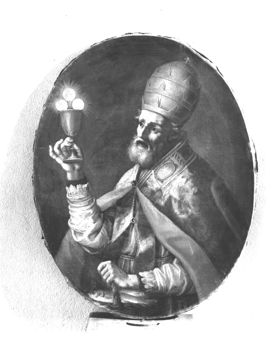 Santo Papa mostra un calice con tre ostie (dipinto, elemento d'insieme) - ambito piacentino (sec. XVIII)
