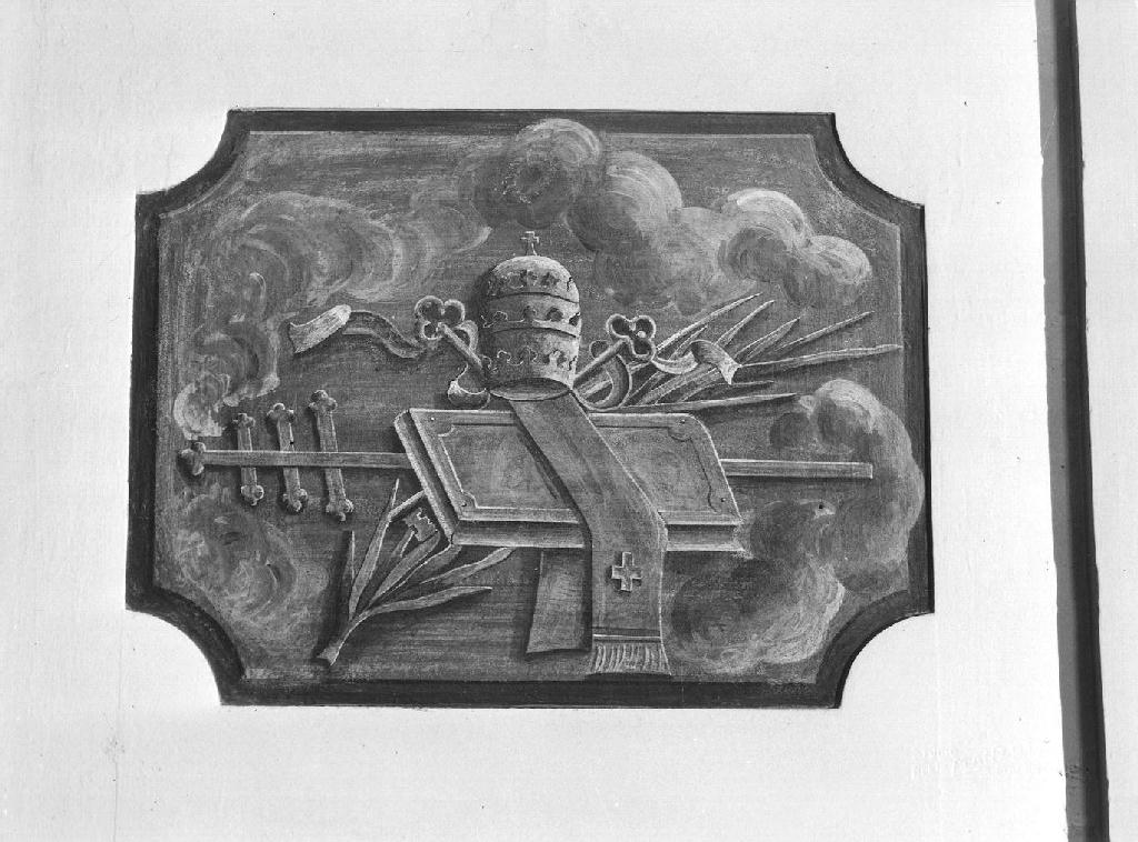 finte architetture con putti; angeli sorreggenti gigli; simboli eucaristici; tiara con chiavi, libro e croce papale (decorazione pittorica, complesso decorativo) - ambito emiliano (sec. XX)