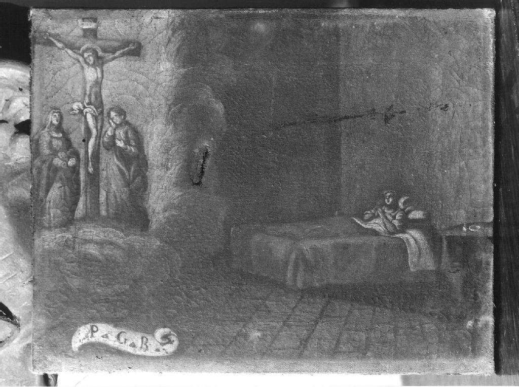 Giovane donna implora grazia al Crocifisso fra la Madonna e San Giovanni (ex voto dipinto) - ambito piacentino (sec. XVIII)