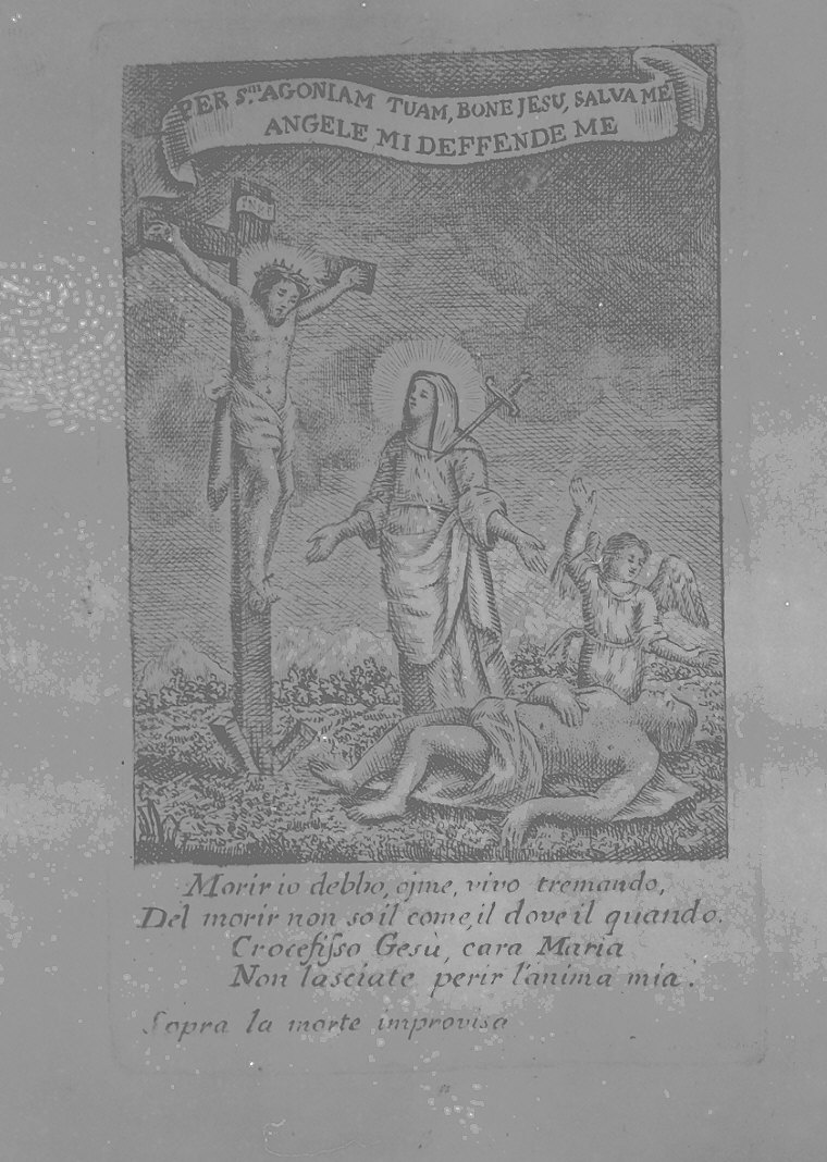 Il Crocifisso, l'Addolorata e un angelo che intercede per un defunto (stampa) - ambito italiano (metà sec. XVIII)