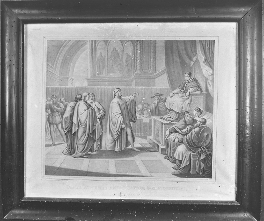 Dante Alighieri ambasciatore dei fiorentini e Bonifacio VIII (stampa) di Ulacacci Nicola (sec. XIX)