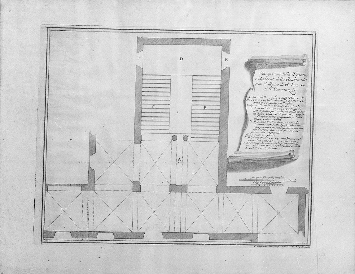 Spiegazione della Pianta e spaccato dello scalone del Collegio Alberoni (stampa) di Mazzoni Francesco (sec. XVIII)