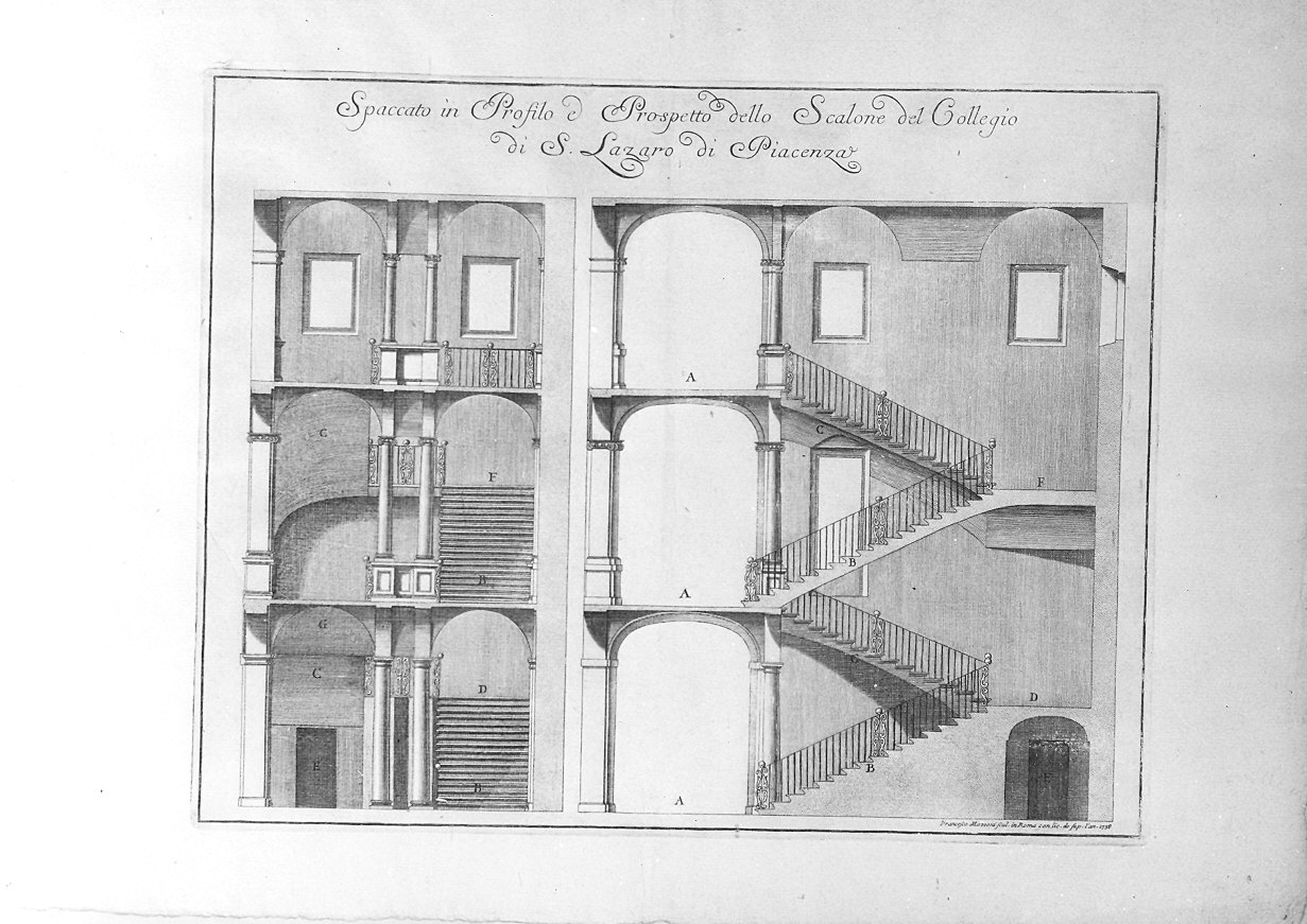 Sezione e prospetto dello scalone del Collegio (stampa) di Mazzoni Francesco (sec. XVIII)