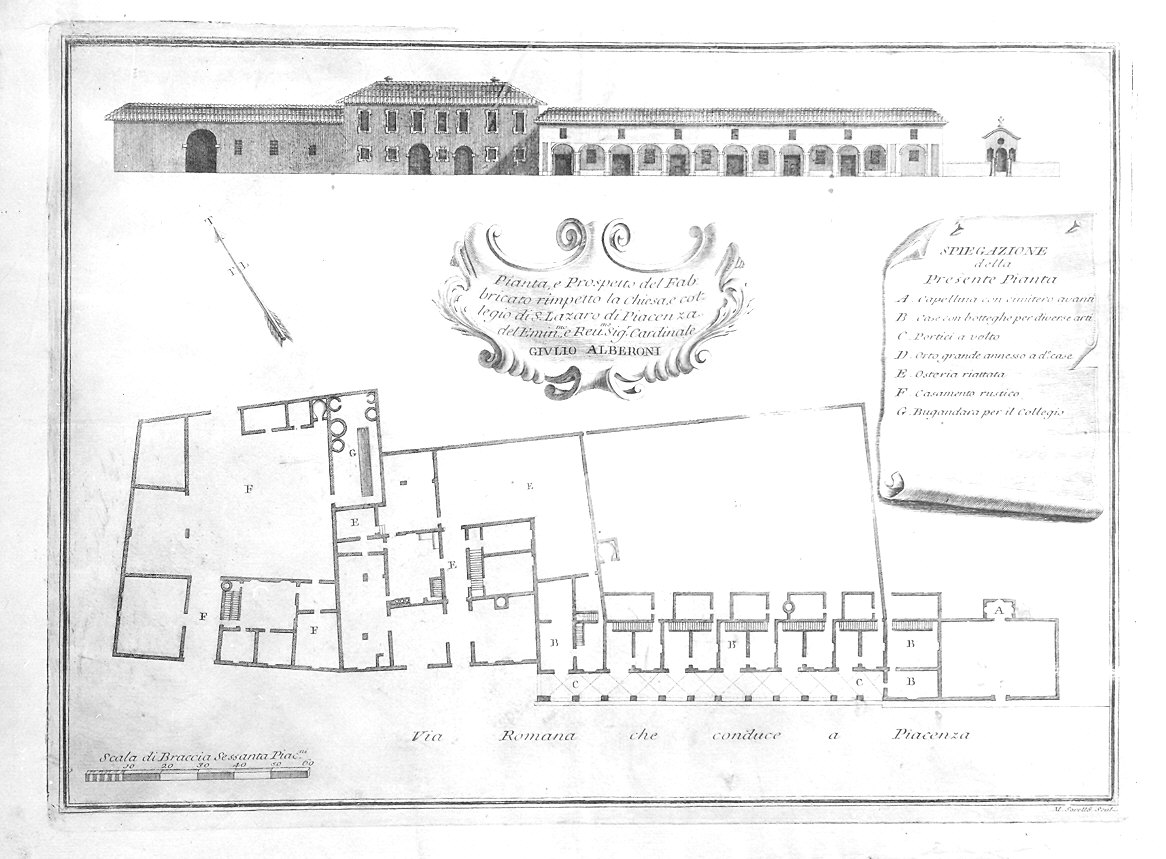 Pianta e prospetto del fabbricato di fronte alla chiesa e al Collegio di San Lazzaro (stampa) di Sorellò Miguel de (sec. XVIII)