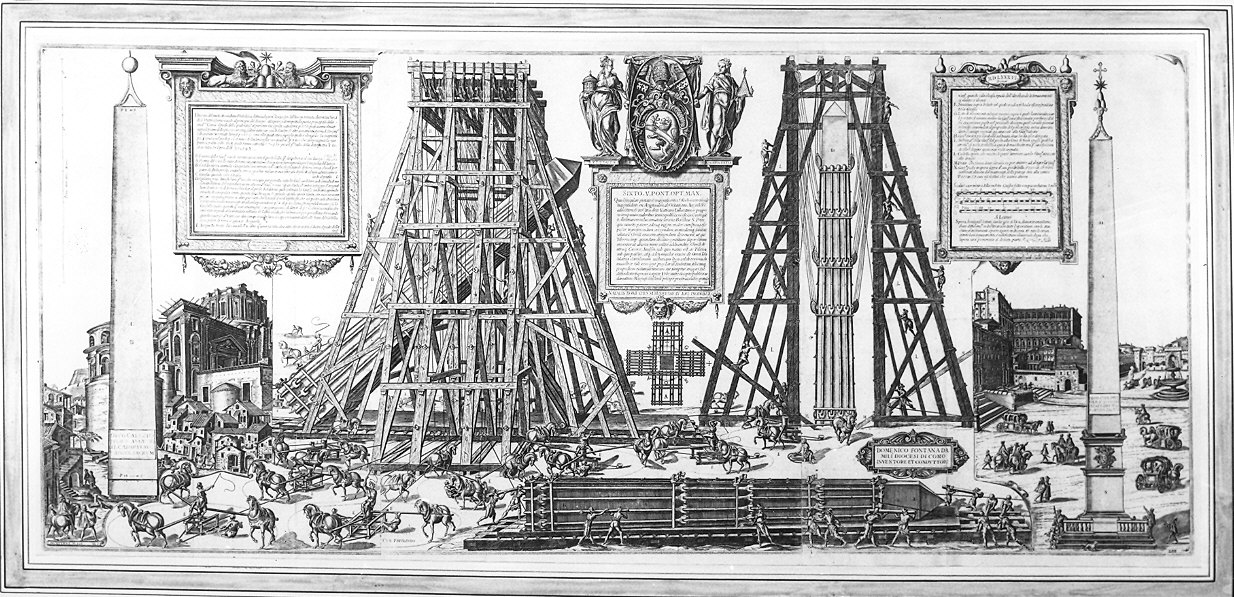 Innalzamento dell'Obelisco in Piazza S. Pietro a Roma (stampa) di Guerra Giovanni, De Sebenico Natal Bonifacio (sec. XVI)