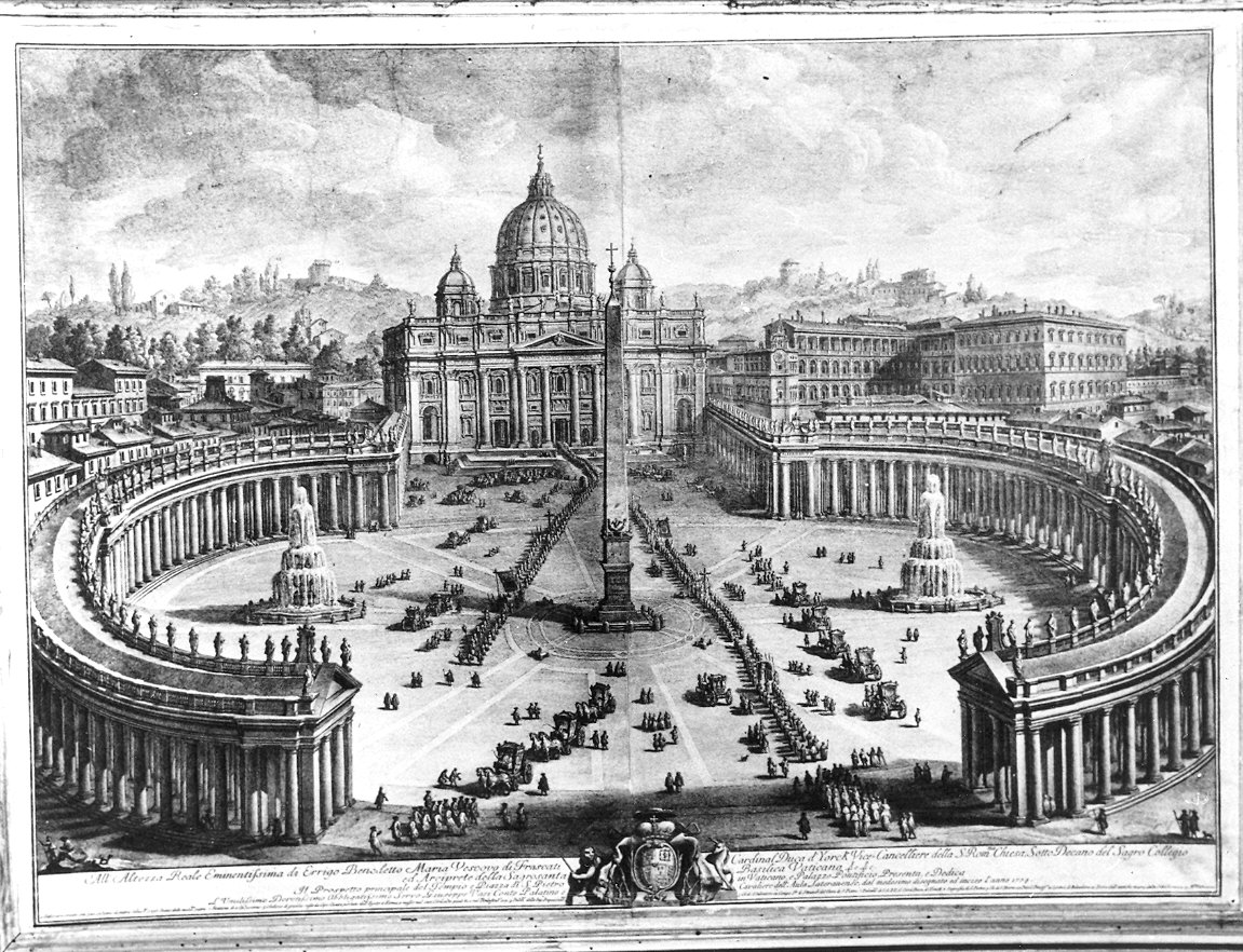 Tempio e piazza S. Pietro in Vaticano (stampa) di Vasi Giuseppe (sec. XVIII)