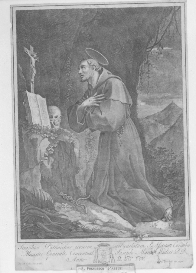 San Francesco in preghiera (stampa) di Bombelli Pietro Leone, Cades Giuseppe (sec. XVIII)