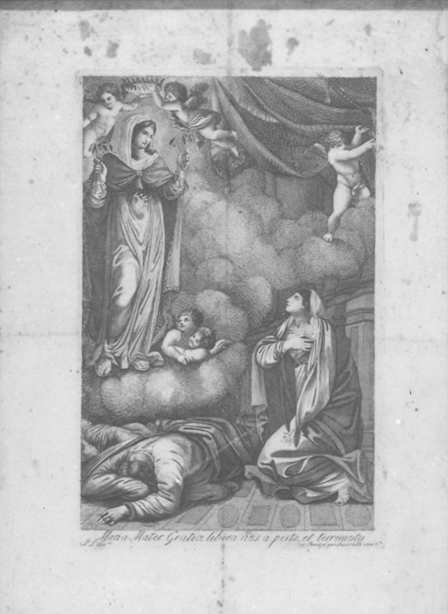 Madonna con personaggi che implorano il suo aiuto (stampa) di P.S (sec. XVIII)