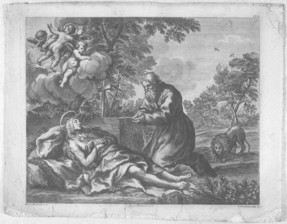 Morte di S. Maria Egiziaca (stampa) di Picchianti Giovanni Domenico, Berrettini Pietro detto Pietro da Cortona, Petrucci Francesco (fine/inizio secc. XVII/ XVIII)