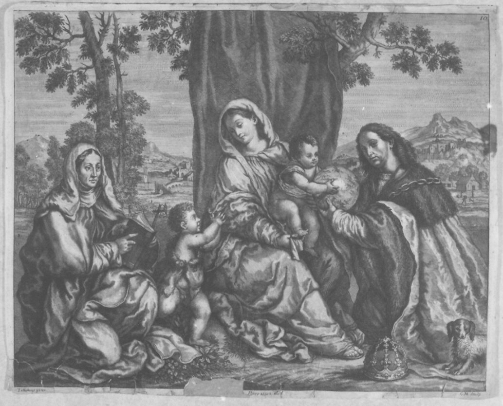 Madonna con Bambino e Santi (stampa smarginata) di C. M, Vecellio Tiziano, Petrucci Francesco (fine/inizio secc. XVII/ XVIII)
