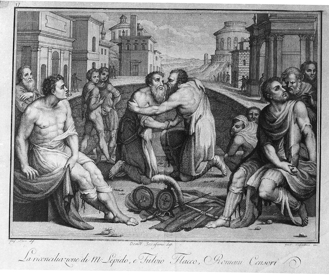 Riconciliazione tra Lepido e Flacco (stampa) di Vascellini Gaetano, Beccafumi Domenico detto Mecarino, Pera Giuseppe (sec. XIX)