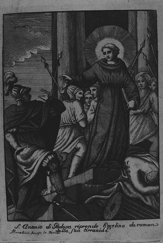 Sant'Antonio riprende Ezzelino da romano (stampa) di Marabini Vincenzo (sec. XIX)