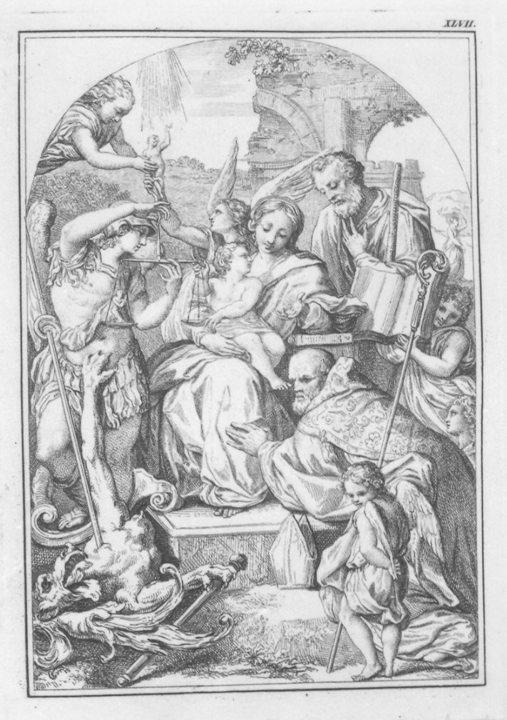 Madonna con Bambino, San Michele arcangelo e il demonio che si disputano le anime e i SS. Giuseppe e Bernardo (stampa, serie) di Gandini del Grano Giorgio (secc. XVIII/ XIX)