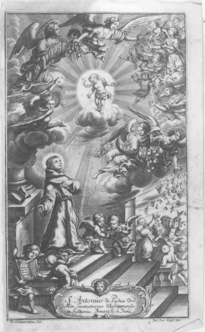 Sant'Antonio da Padova (stampa smarginata) di Hafner Johann Christoph, Vogel Johann Paul (sec. XVIII)