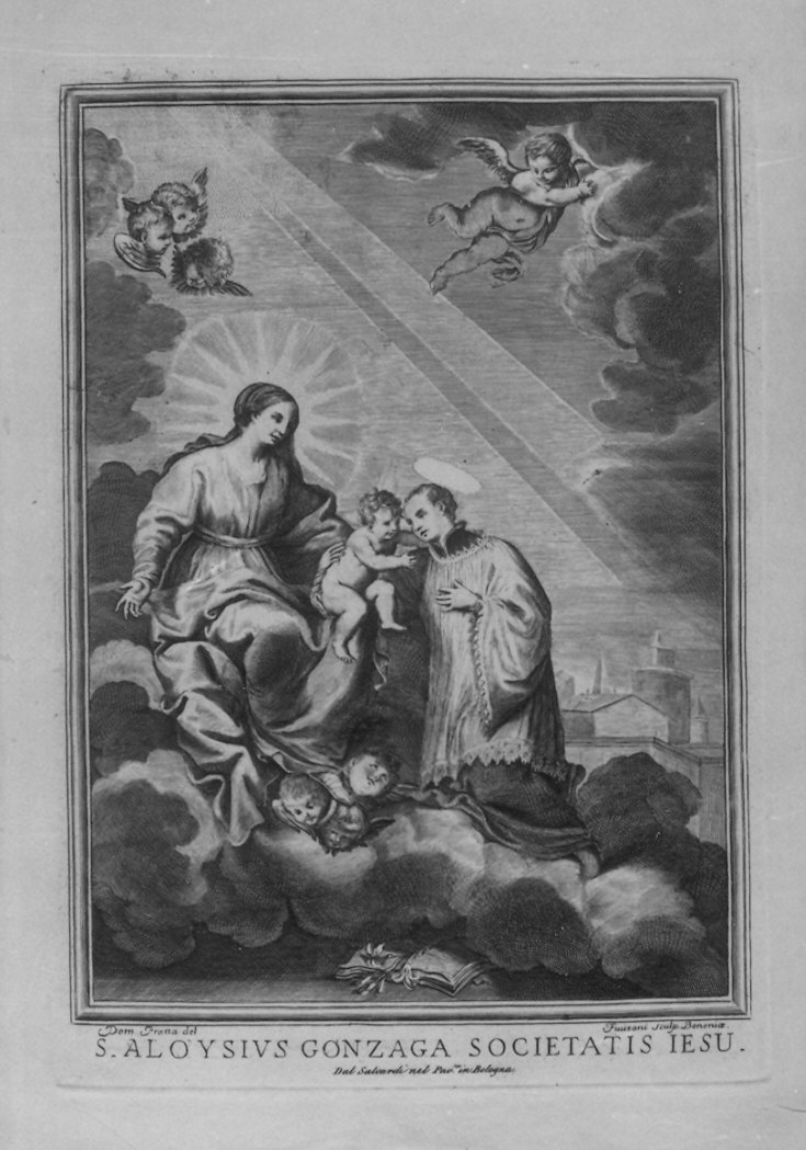 Madonna con Bambino e San Luigi Gonzaga (stampa) di Fivizzani Antonio, Fratta Domenico Maria (prima metà sec. XVIII)