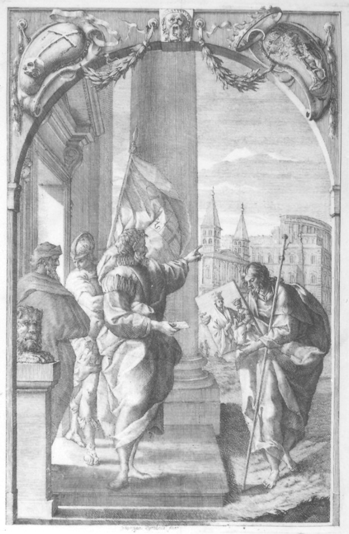 Il Console Passipoveri indica la strada al pellegrino Teocle (stampa) di Zambelli Giuseppe (seconda metà sec. XVIII)