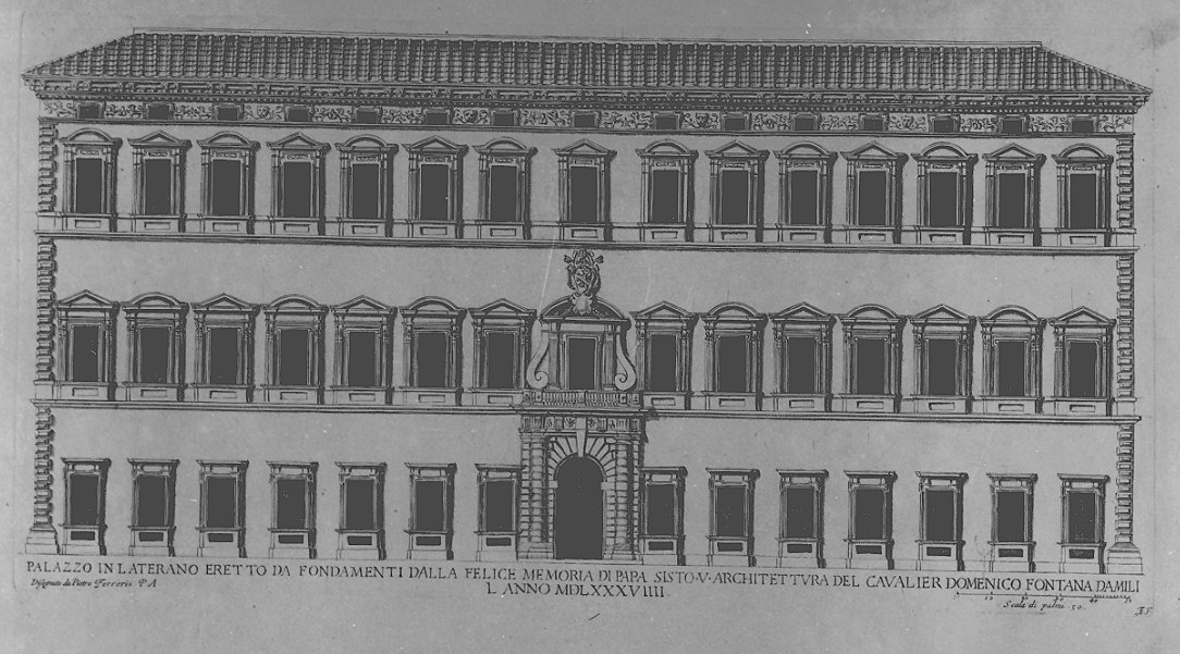 facciata di Palazzo del Laterano (stampa) di Ferrerio Pietro, F. S (prima metà sec. XVII)