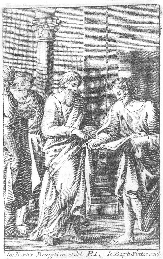 scena sacra (stampa) di Sintes Giovanni Battista, Brughi Giovanni Battista (fine/inizio secc. XVII/ XVIII)