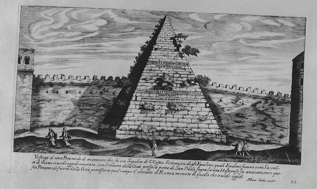Veduta della Piramide di Caio Cestio (stampa, serie) di Sadeler Egidius II, Sadeler Marcus Christoph (sec. XVII)