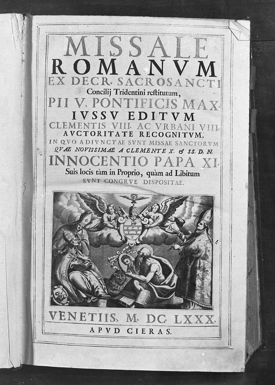 San Marco tra Santi vescovi regge l'effigie di Papa Innocenzo XI (stampa) - ambito veneto (sec. XVII)