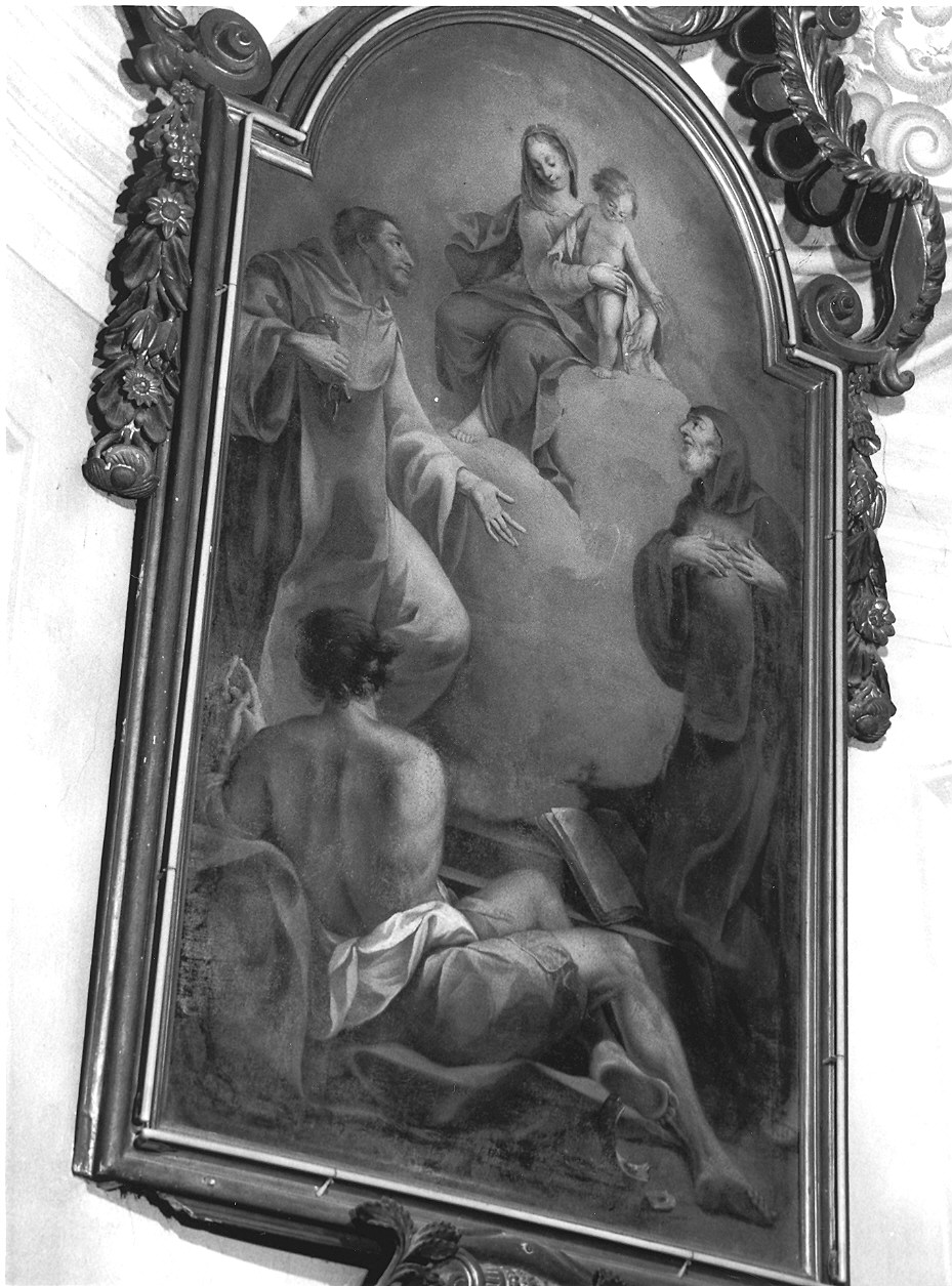 Madonna con Bambino in gloria con i Santi Leonardo e Francesco di Paola (dipinto) di Alberganti Alessandro (sec. XVIII)