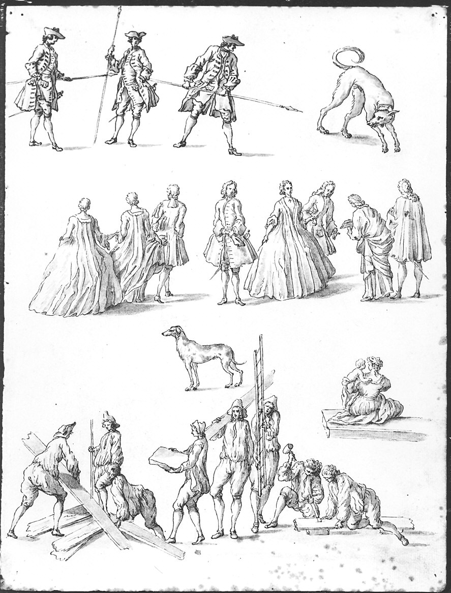 gentiluomini, operai e cani (disegno) di Panini Francesco (seconda metà sec. XVIII)