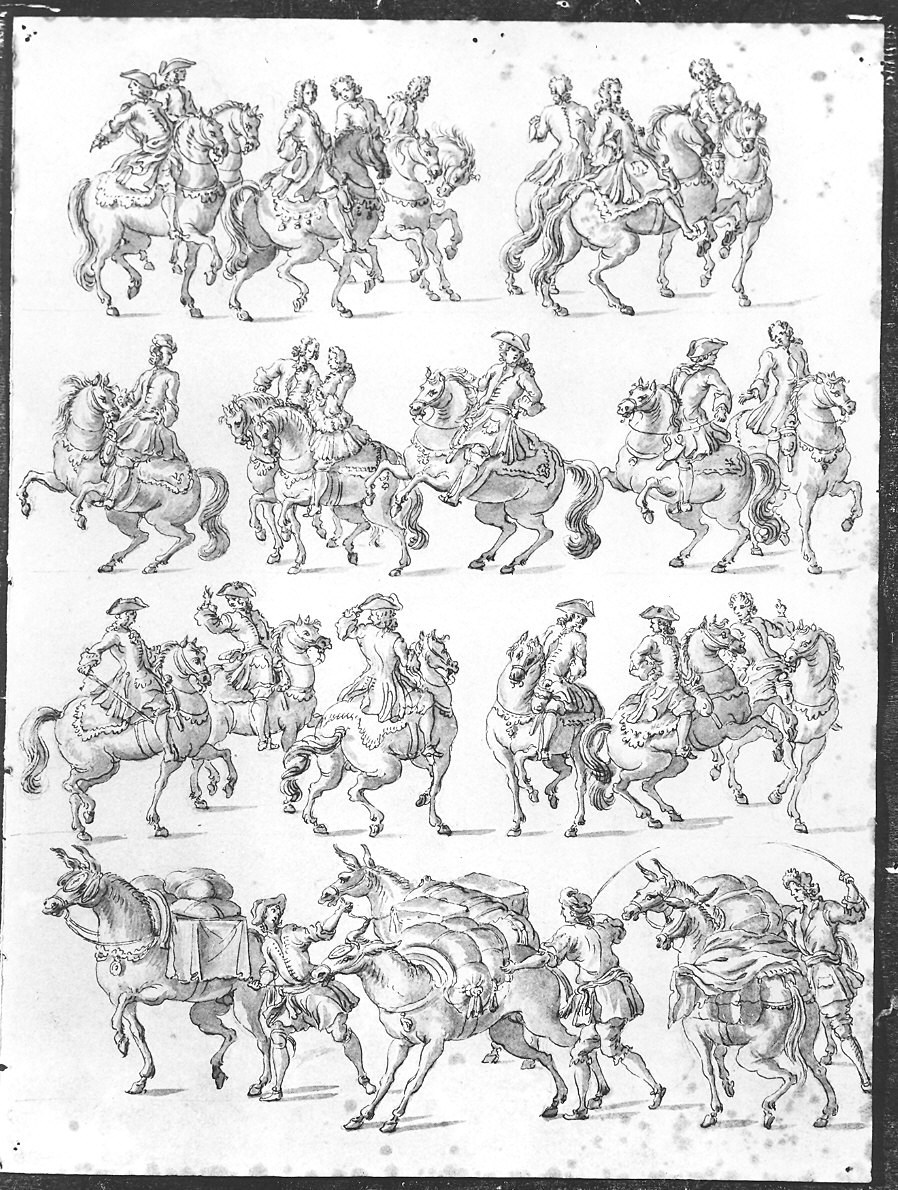 cavalli e muli con cavalieri e conducenti (disegno) di Panini Francesco (seconda metà sec. XVIII)
