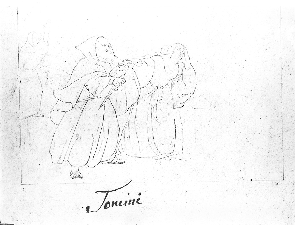 frate con pugnale e donna che piange (disegno) di Toncini Lorenzo (secondo quarto sec. XIX)