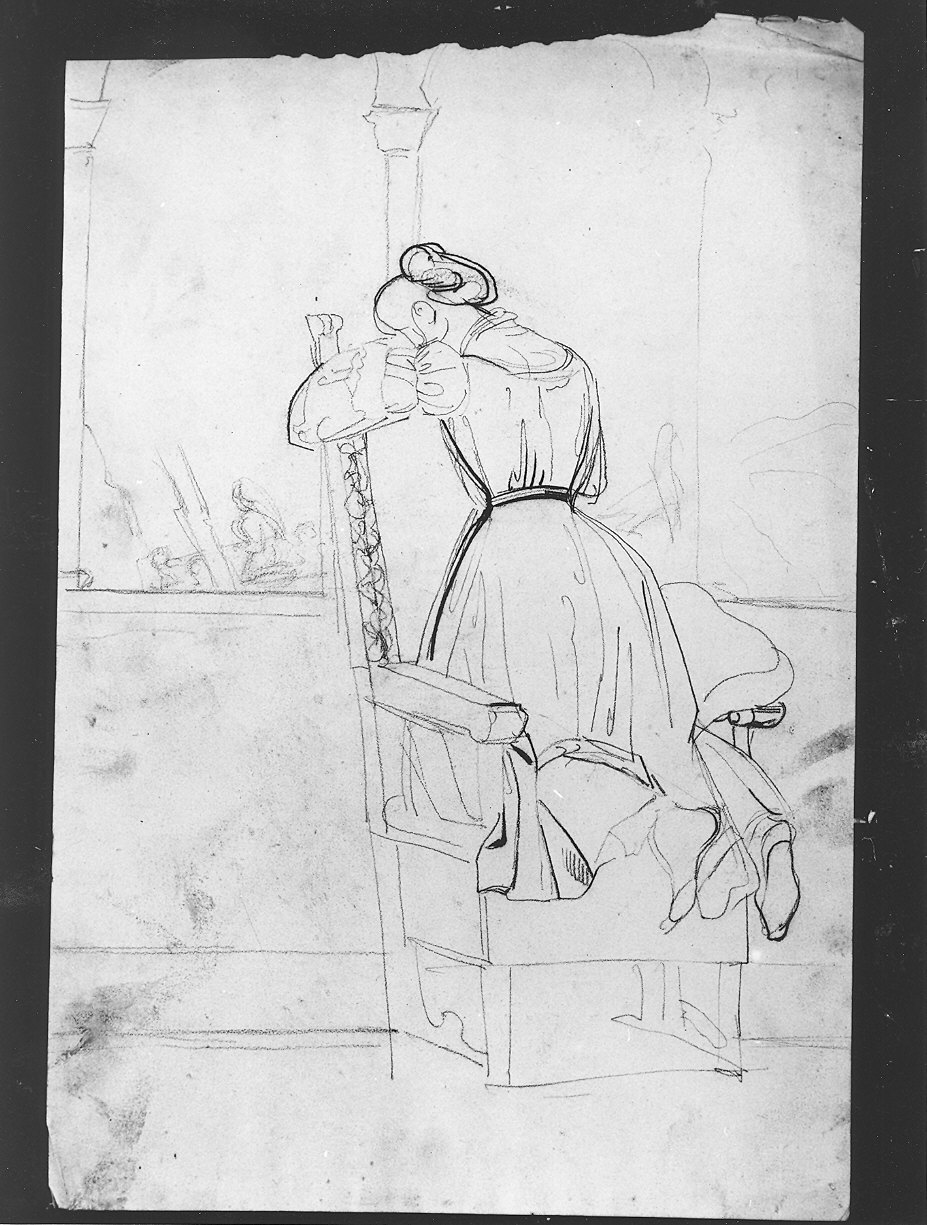 donna vista di dietro inginocchiata sopra una poltrona (disegno) di Toncini Lorenzo (sec. XIX)