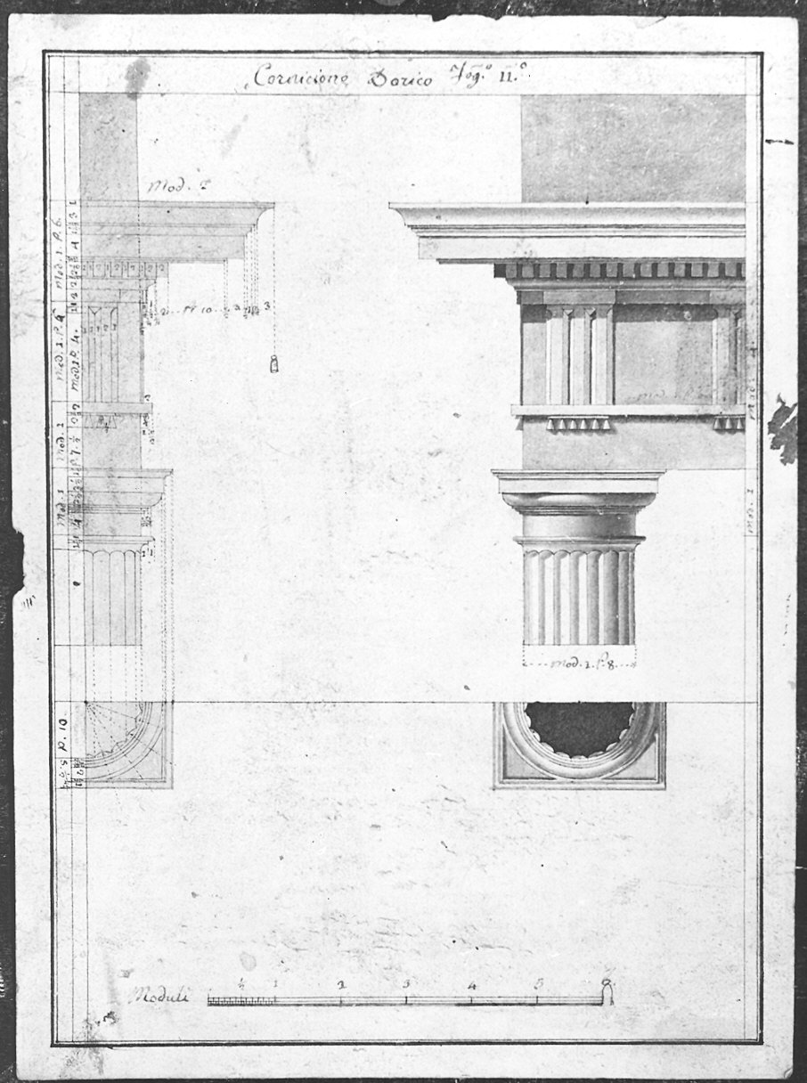 cornicione dorico (disegno) - ambito Italia settentrionale (prima metà sec. XIX)