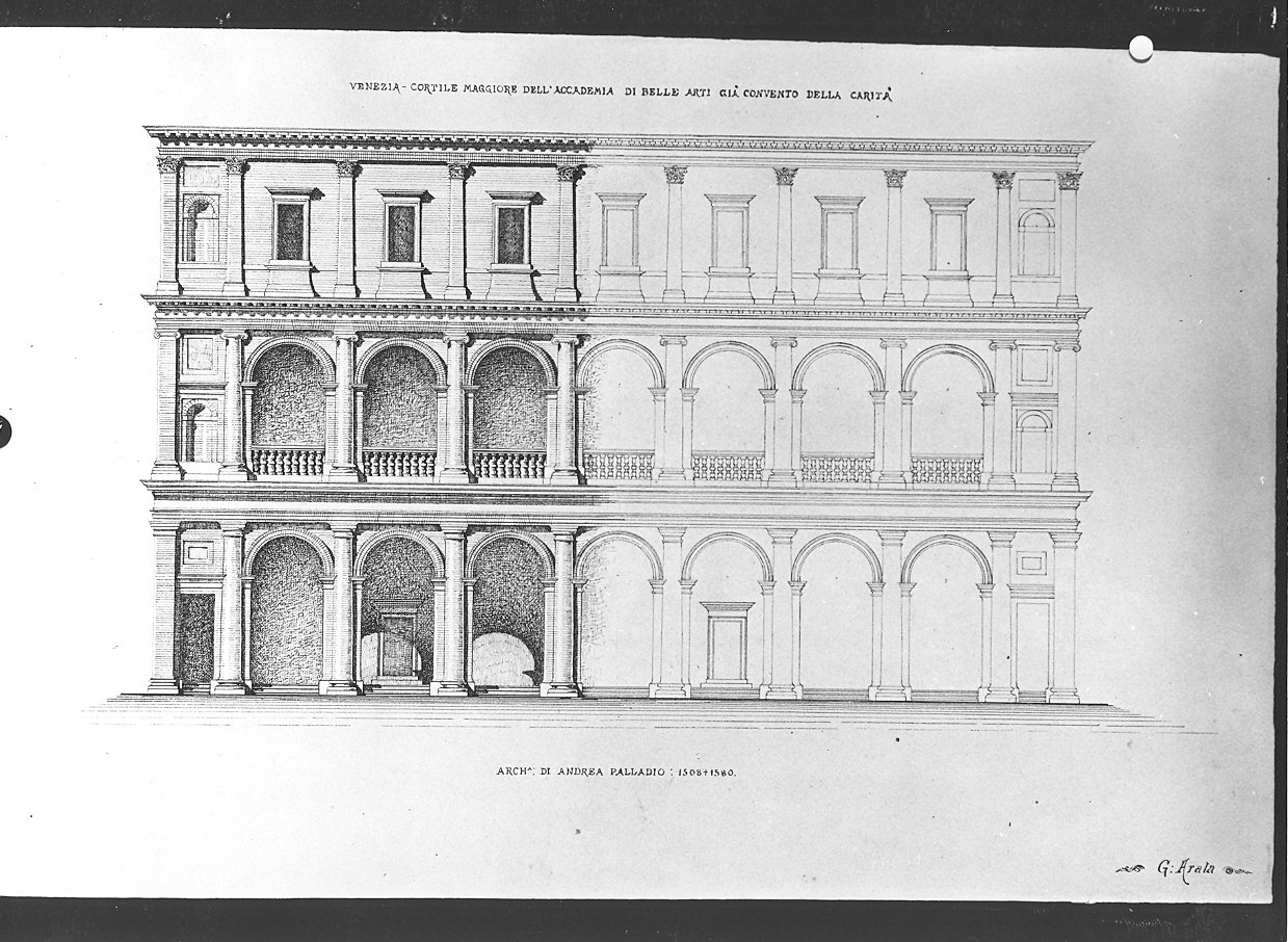 cortile maggiore dell'ex-convento della Carità a Venezia (disegno) di Arata Giulio Ulisse (sec. XIX)