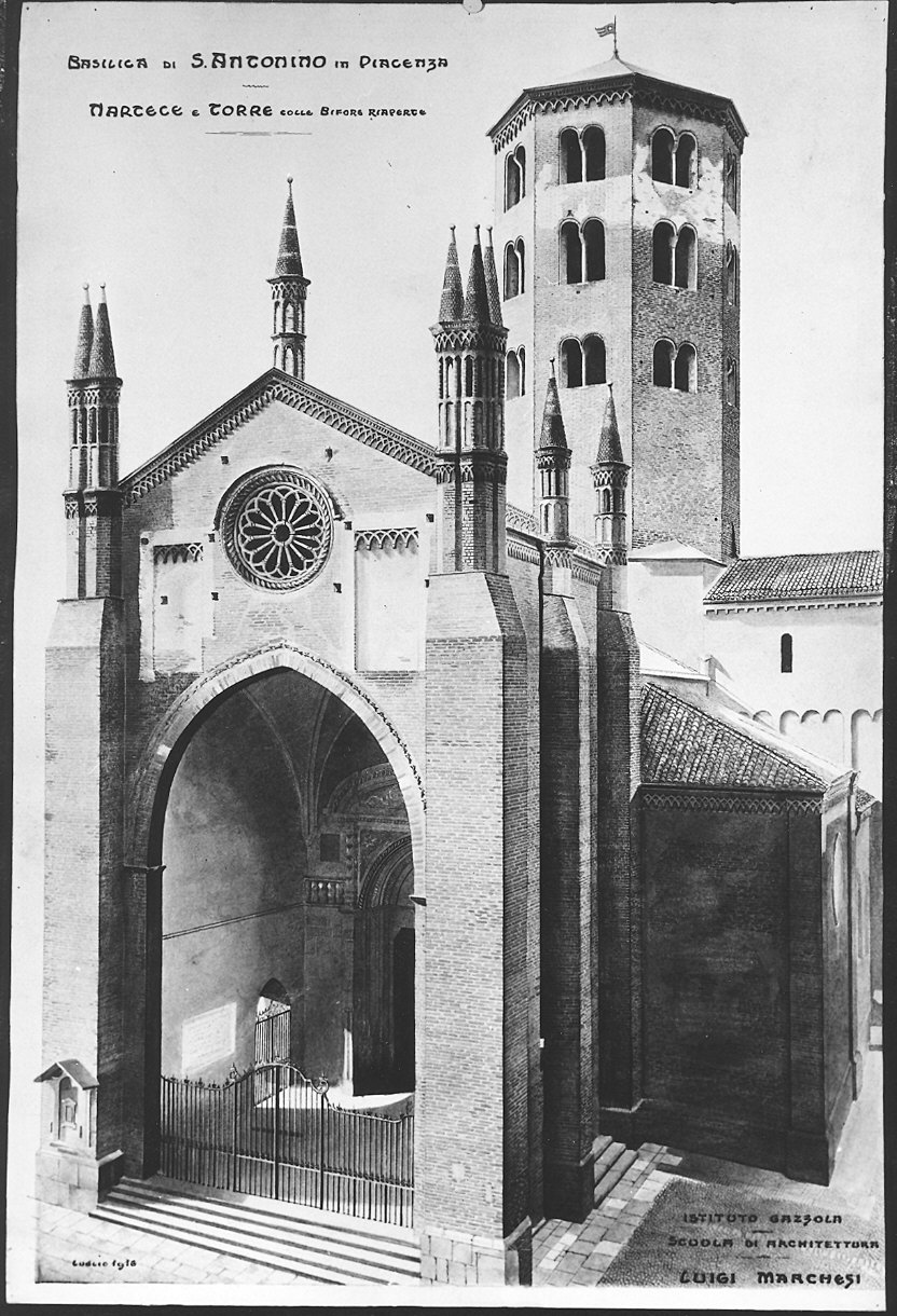 nartece e torre della chiesa di S. Antonino a Piacenza (disegno) di Marchesi Luigi (sec. XX)