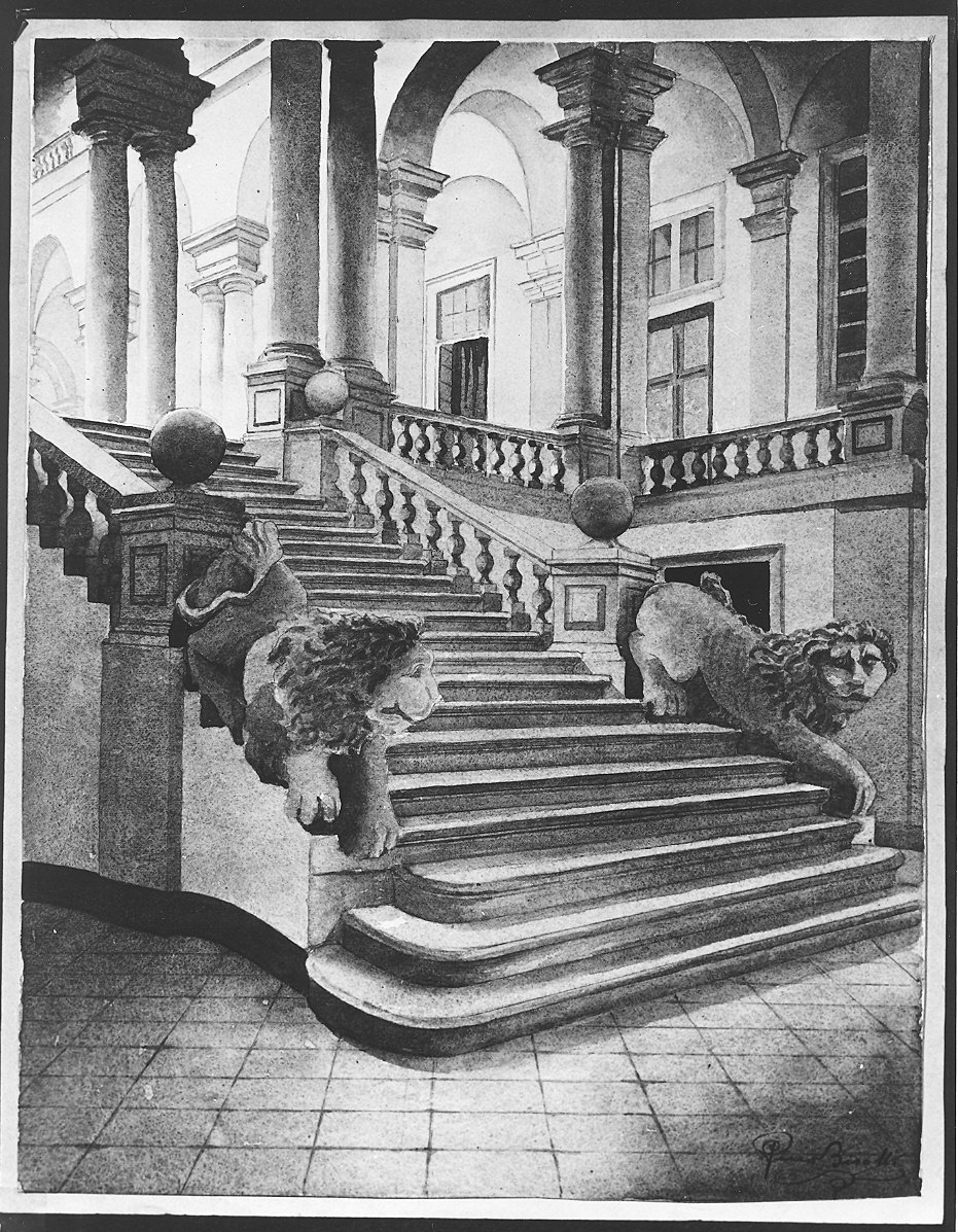 scalone di un palazzo (disegno) di Bisotti Pino (sec. XX)